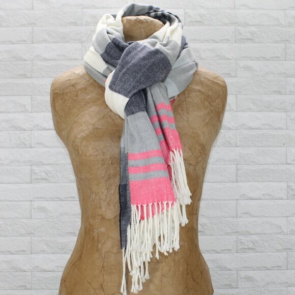 GAP Scarf Blanket Wrap Stripes Fringe Marles Pink Gray Blue Fall Flannel Feel - Picture 1 of 12